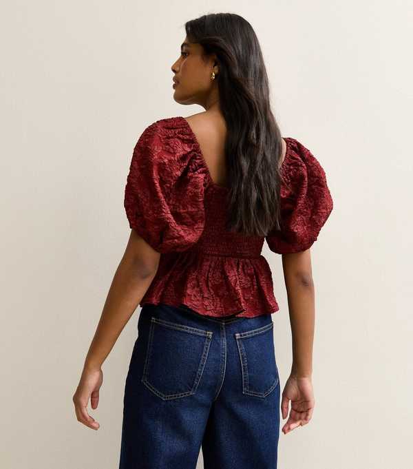 New Look Dark Burgundy Puff Sleeve Bow Top