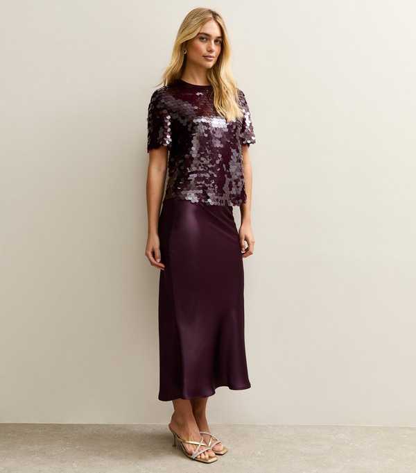 New Look Dark Burgundy Satin Bias Cut Midi Skirt