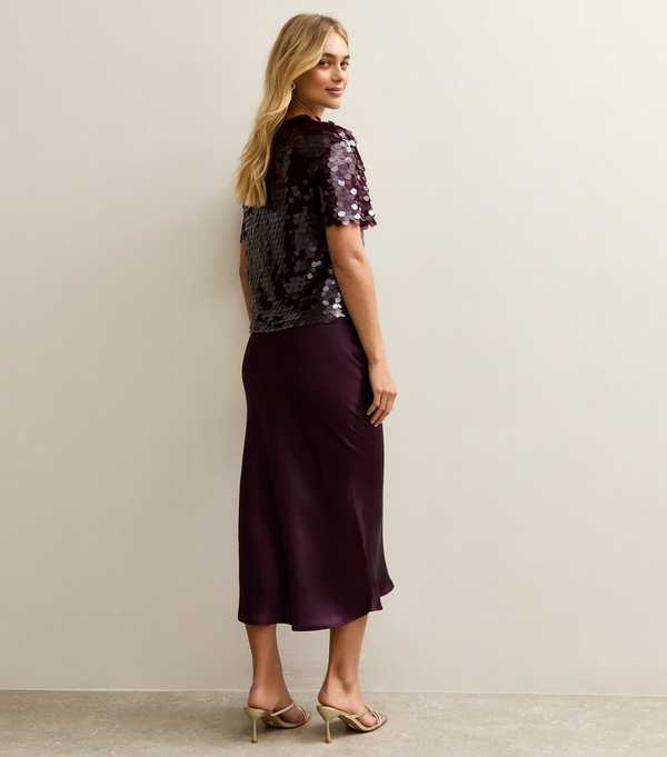 New Look Dark Burgundy Satin Bias Cut Midi Skirt