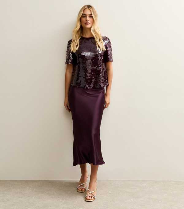new look Dark Burgundy Satin Bias Cut Midi Skirt