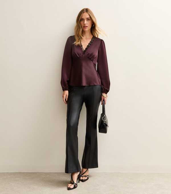 New Look Dark Burgundy Satin Lace Trim Blouse