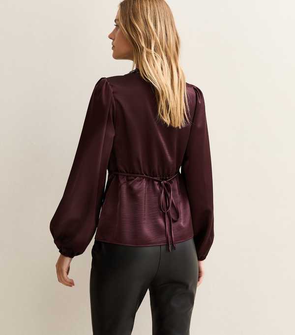 New Look Dark Burgundy Satin Lace Trim Blouse