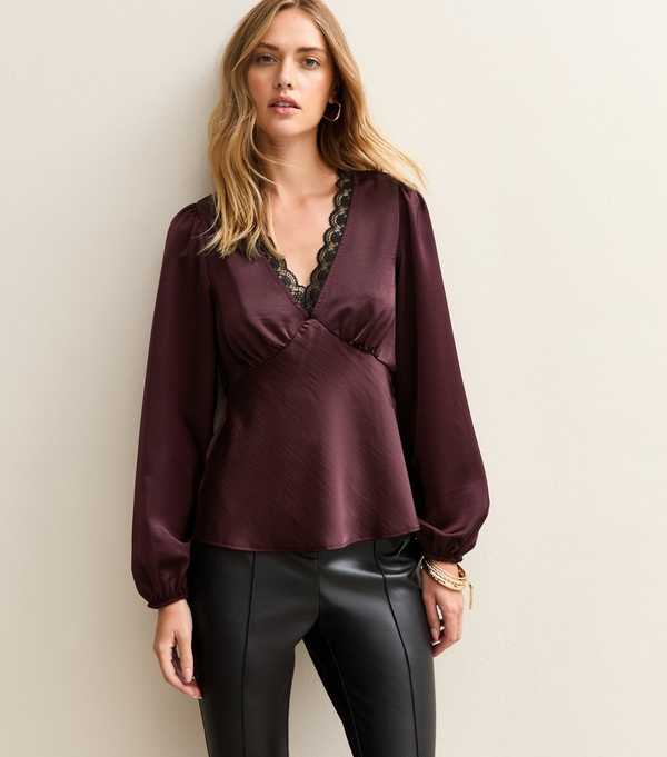 new look Dark Burgundy Satin Lace Trim Blouse