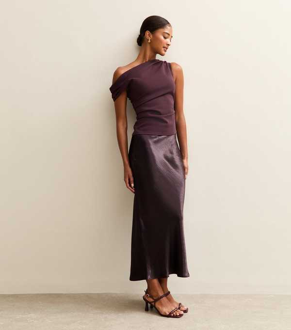 New Look Dark Burgundy Satin Midi Skirt