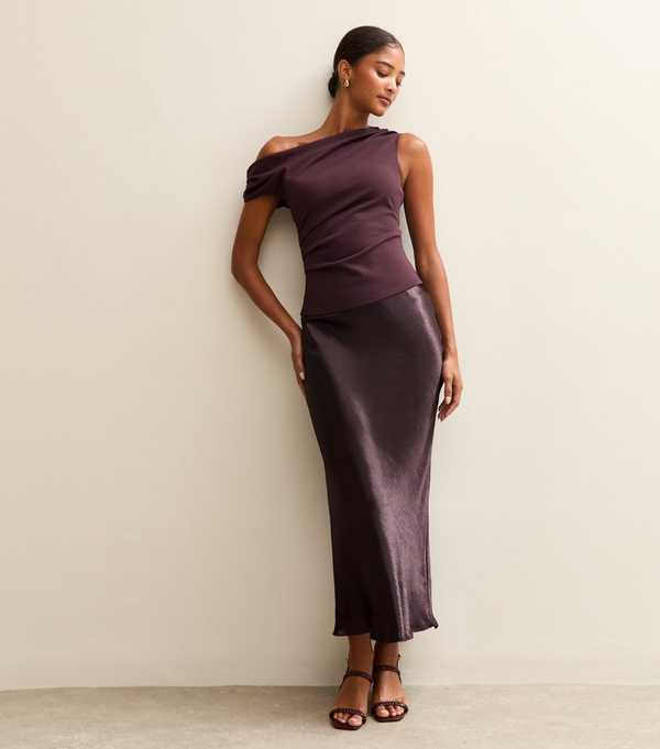 new look Dark Burgundy Satin Midi Skirt