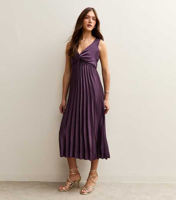 New Look Dark Burgundy Satin Pleated Midi Dress