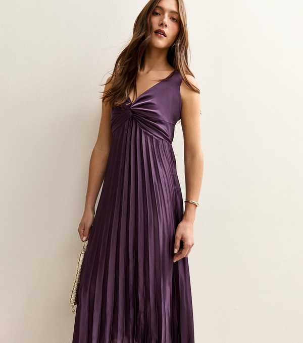 new look Dark Burgundy Satin Pleated Midi Dress