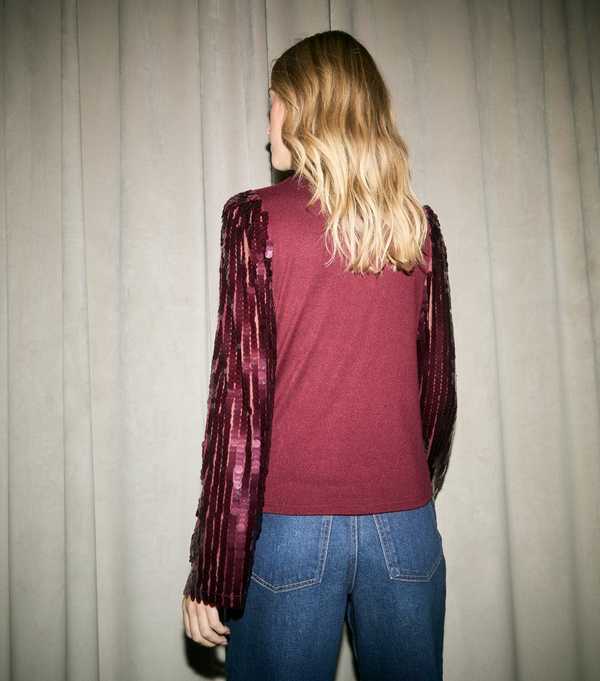 New Look Dark Burgundy Sequin Sleeve High Neck Top