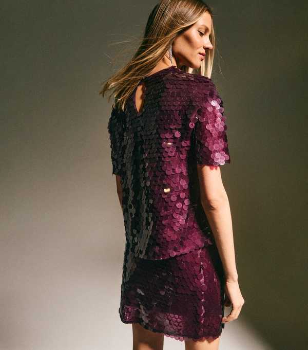 New Look Dark Burgundy Sequinned Short Sleeve Top