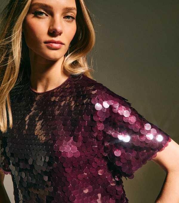 new look Dark Burgundy Sequinned Short Sleeve Top