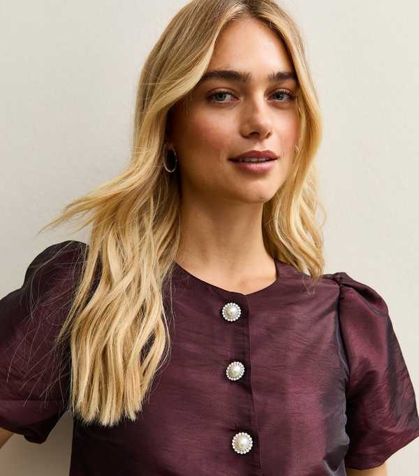 New Look Dark BurgundyTaffeta Puff Sleeve Top