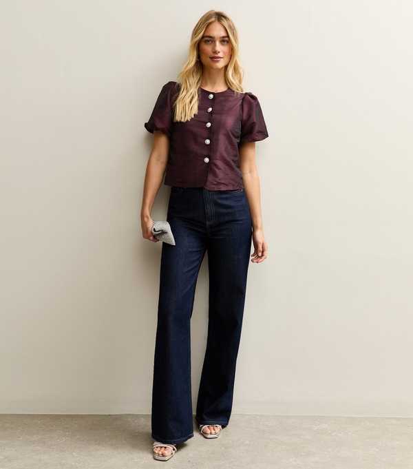 New Look Dark BurgundyTaffeta Puff Sleeve Top