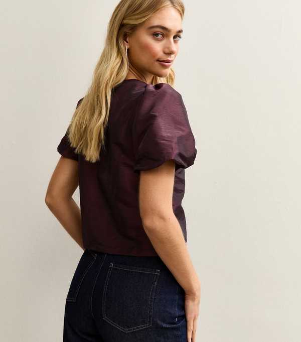 New Look Dark BurgundyTaffeta Puff Sleeve Top