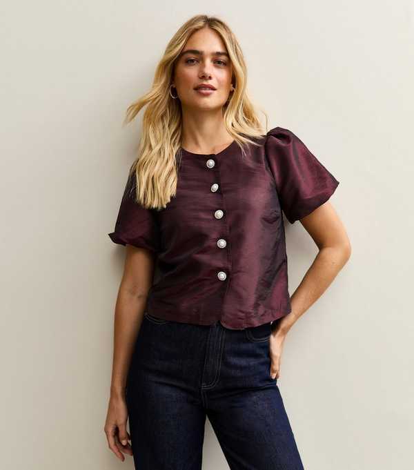 new look Dark BurgundyTaffeta Puff Sleeve Top