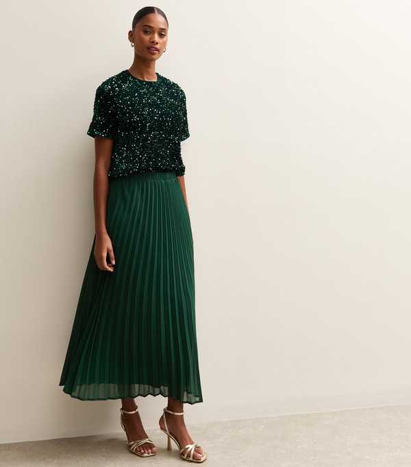 New Look Dark Green Chiffon Pleated Midi Skirt