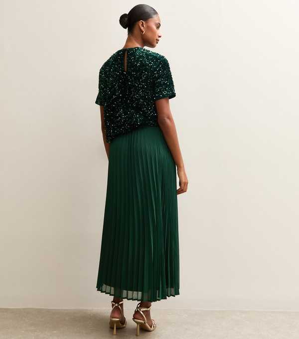 New Look Dark Green Chiffon Pleated Midi Skirt