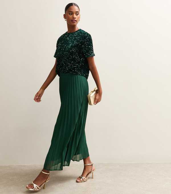new look Dark Green Chiffon Pleated Midi Skirt