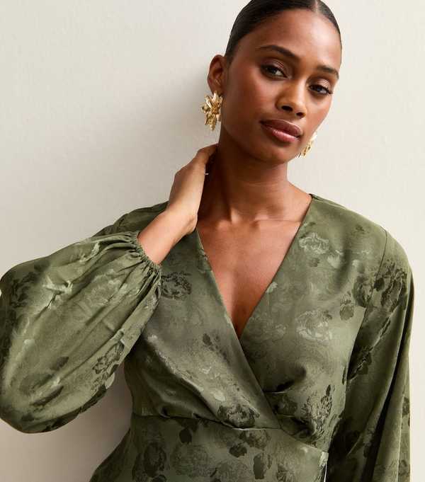 New Look Dark Green Floral Jacquard Midi Dress