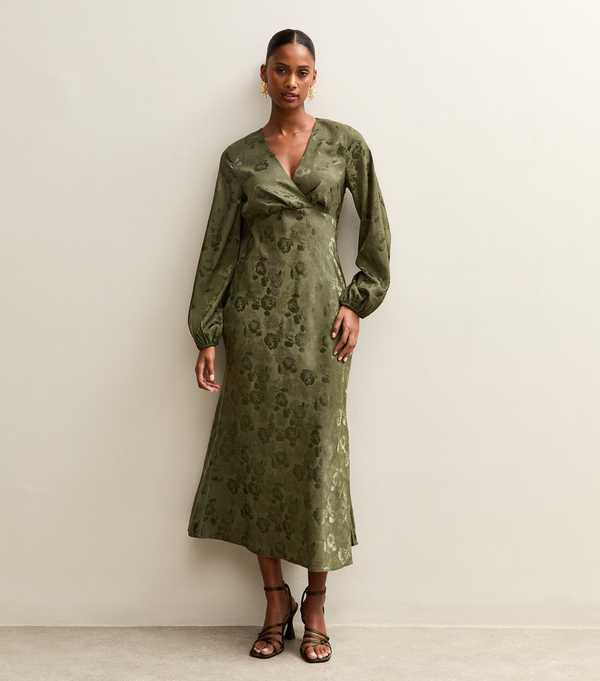 New Look Dark Green Floral Jacquard Midi Dress