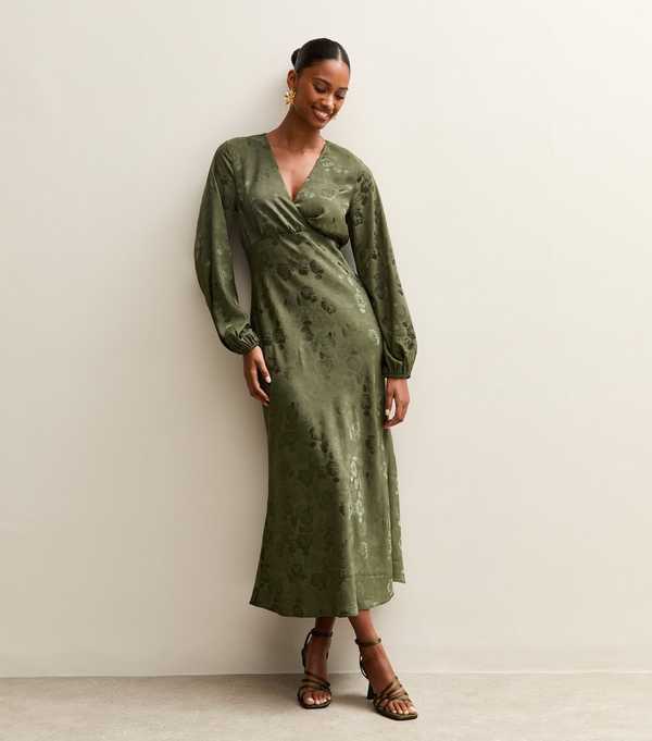 new look Dark Green Floral Jacquard Midi Dress
