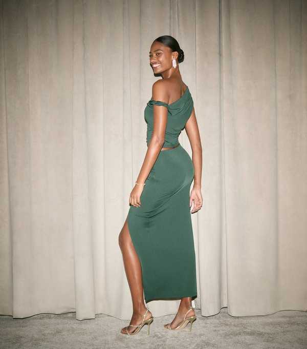 New Look Dark Green Knotted Front Split Midi Skirt