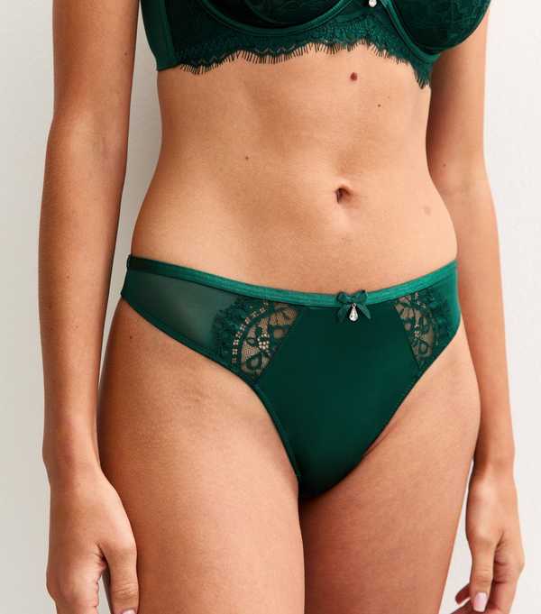 New Look Dark Green Lace Satin Brazilian Briefs