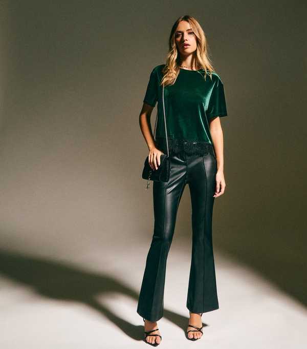 New Look Dark Green Lace Trimmed Velvet Top