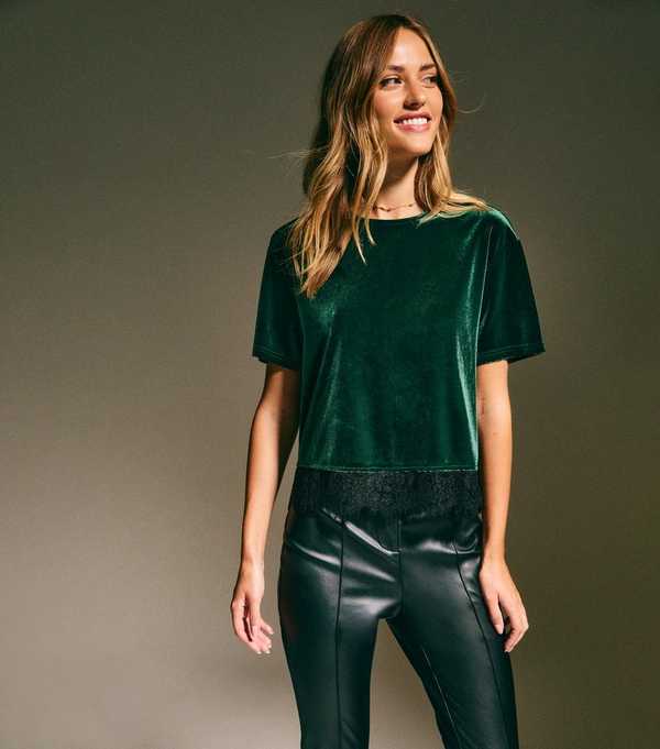 new look Dark Green Lace Trimmed Velvet Top