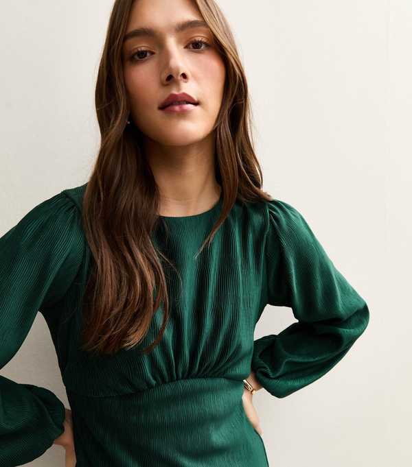 New Look Dark Green Plisse Midi Dress