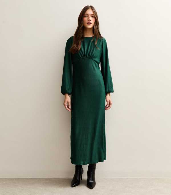 New Look Dark Green Plisse Midi Dress