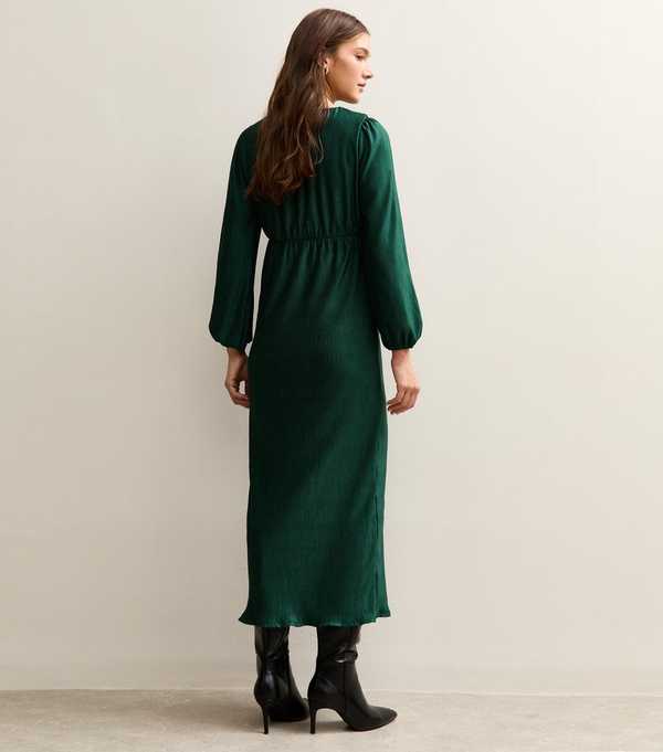 New Look Dark Green Plisse Midi Dress