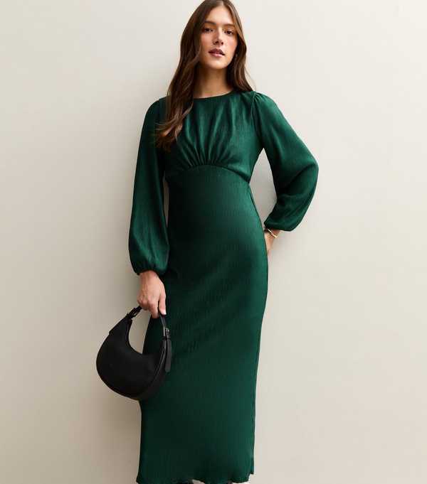 new look Dark Green Plisse Midi Dress
