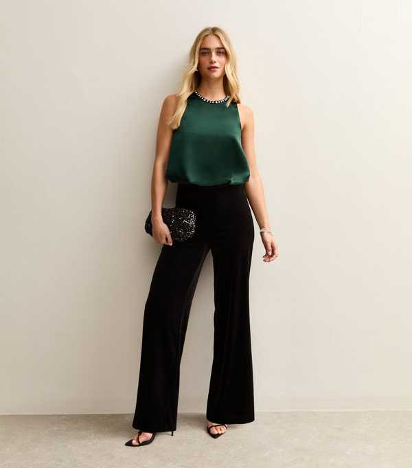 New Look Dark Green Satin Bubble Hem Top