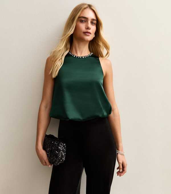 new look Dark Green Satin Bubble Hem Top
