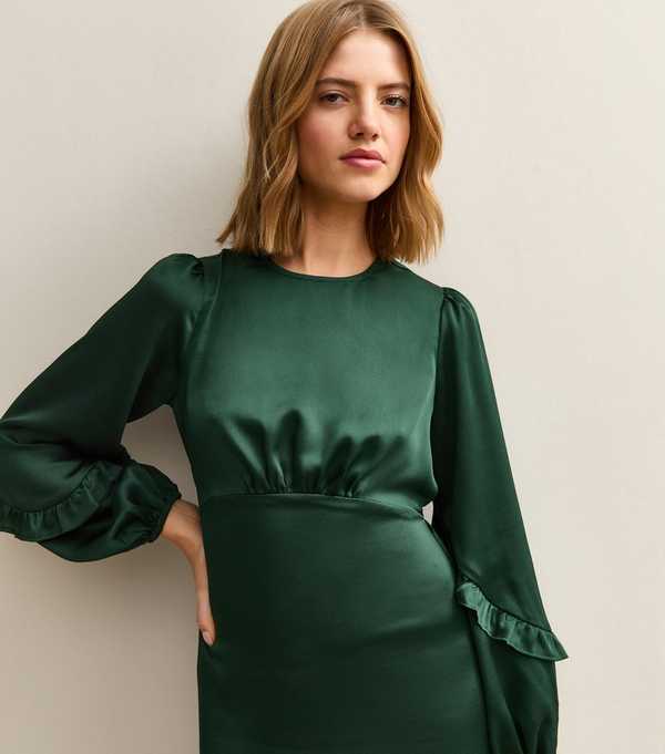New Look Dark Green Satin Frill Trim Midi Dress
