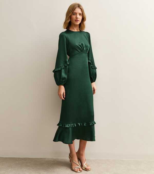 New Look Dark Green Satin Frill Trim Midi Dress