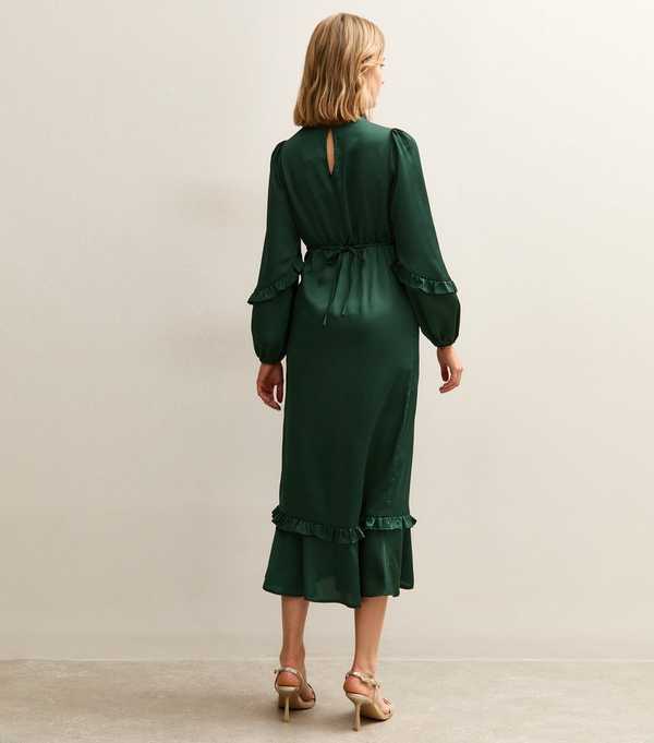 New Look Dark Green Satin Frill Trim Midi Dress
