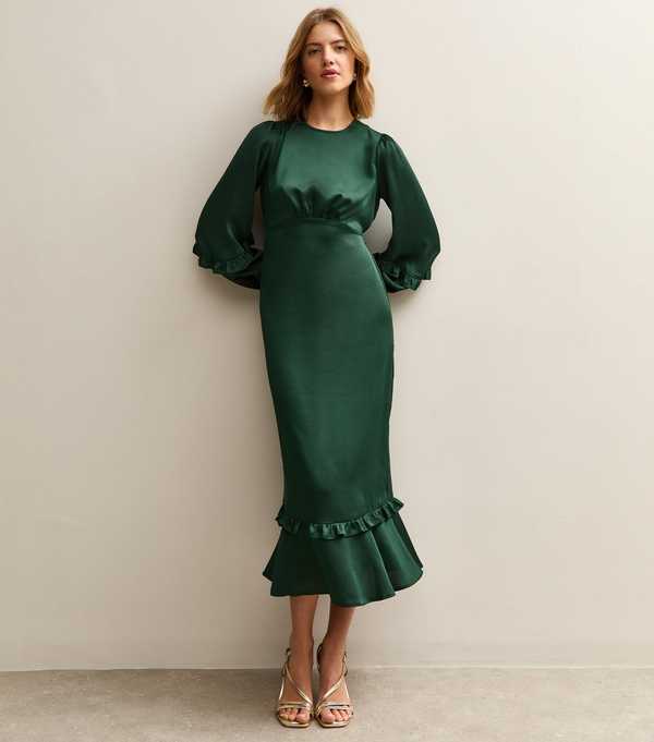 new look Dark Green Satin Frill Trim Midi Dress