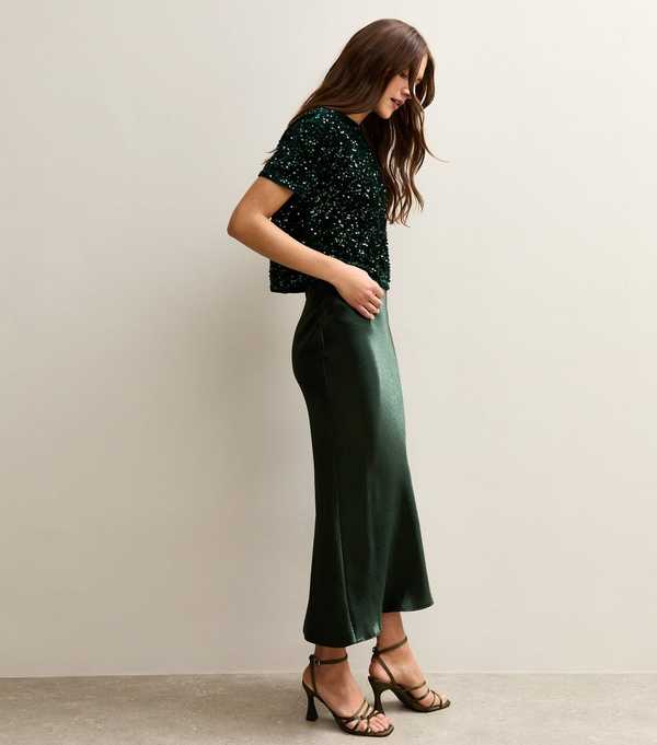 New Look Dark Green Satin Midi Skirt