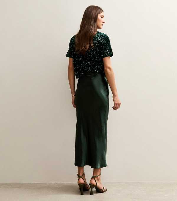 New Look Dark Green Satin Midi Skirt