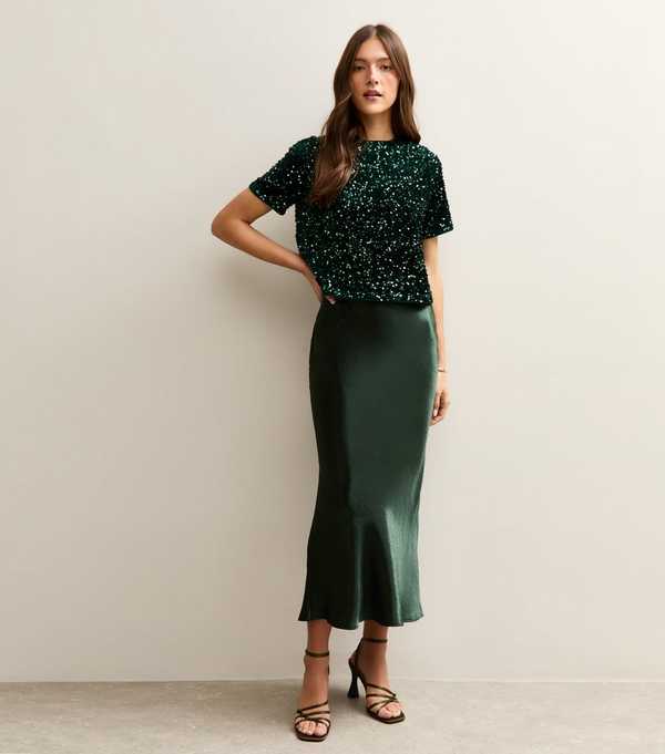 new look Dark Green Satin Midi Skirt