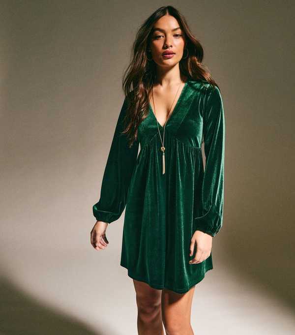 New Look Dark Green Velvet Smock Mini Dress
