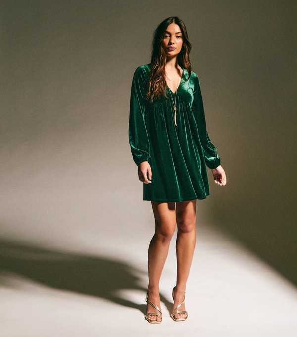 new look Dark Green Velvet Smock Mini Dress
