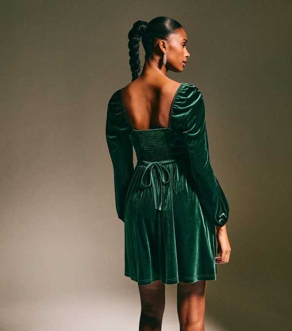 New Look Dark Green Velvet Square Neck Mini Dress