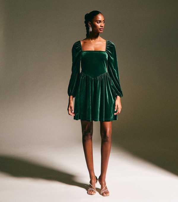 new look Dark Green Velvet Square Neck Mini Dress