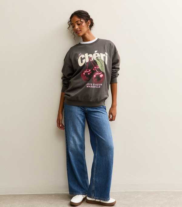 New Look Dark Grey Mon Cheri Slogan Sweatshirt