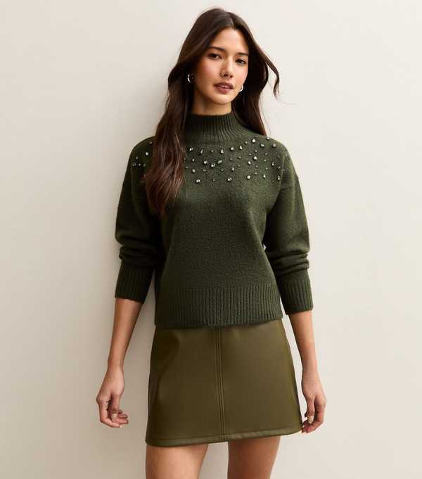 New Look Dark Khaki Diamante High Neck Jumper