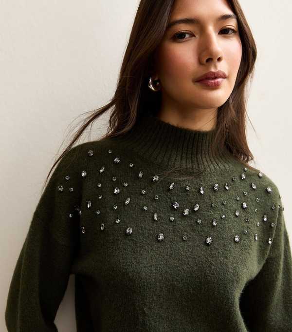 new look Dark Khaki Diamante High Neck Jumper