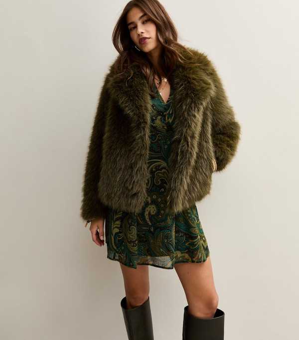 New Look Dark Khaki Faux Fur Coat