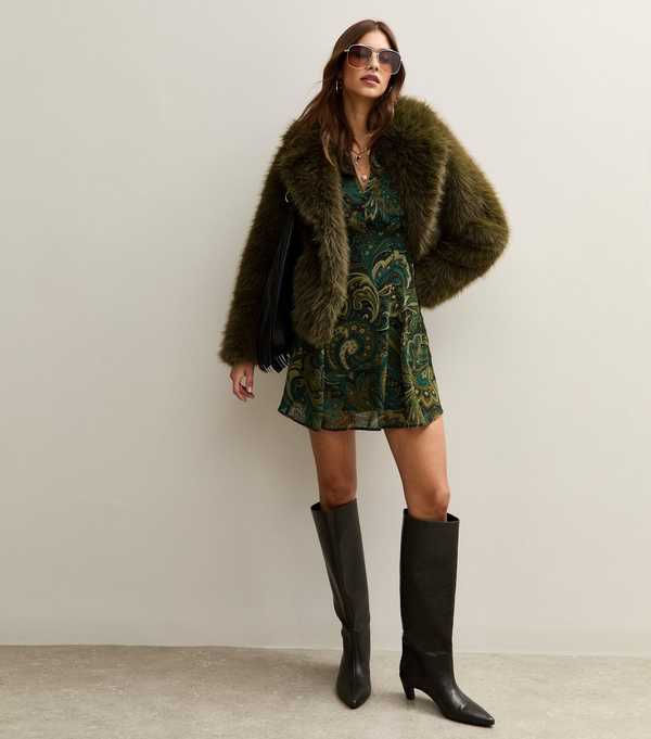 New Look Dark Khaki Faux Fur Coat